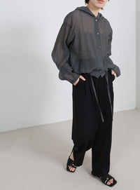 フード付き楊柳ドロストブラウス