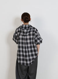 チェックシアーオーバーフーディーシャツ