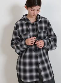 チェックシアーオーバーフーディーシャツ