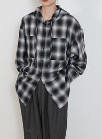 チェックシアーオーバーフーディーシャツ