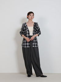 チェックシアーオーバーフーディーシャツ