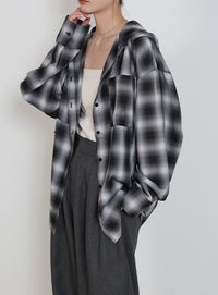 チェックシアーオーバーフーディーシャツ