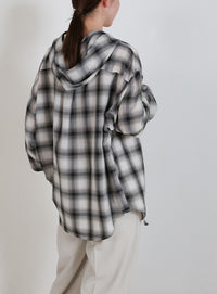 チェックシアーオーバーフーディーシャツ