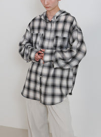 チェックシアーオーバーフーディーシャツ