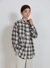 チェックシアーオーバーフーディーシャツ