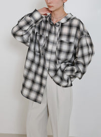 チェックシアーオーバーフーディーシャツ