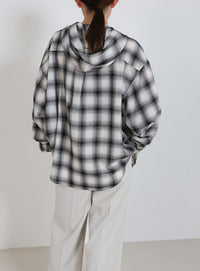 チェックシアーオーバーフーディーシャツ
