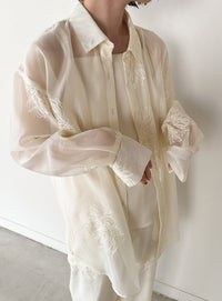 フラワーエンブロイダリーシアーオーバーサイズシャツ【セットアップ対応】【by SON】