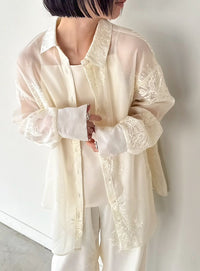 フラワーエンブロイダリーシアーオーバーサイズシャツ【セットアップ対応】【by SON】