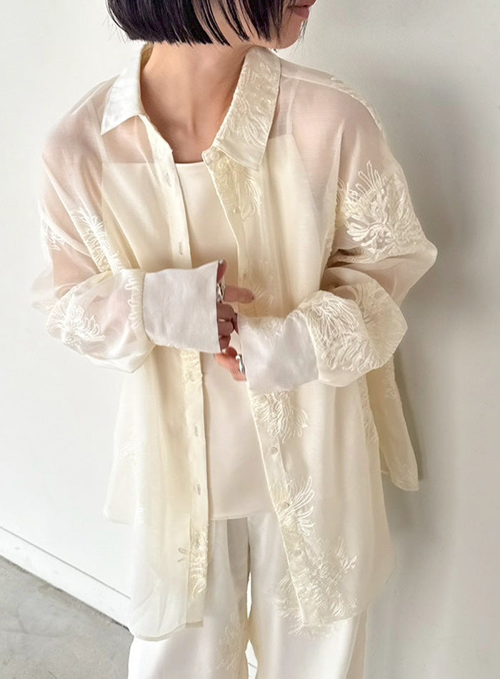styling/ エンブロイダリーオーバーシャツジャケット 新品 フラワーエンブロイダリーシアーオーバーサイズシャツ【セットアップ