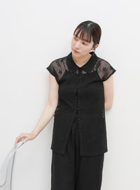 フロントボタンシアー刺繍ブラウス【セットアップ対応】
