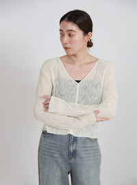 シアーリブVネックカーディガン