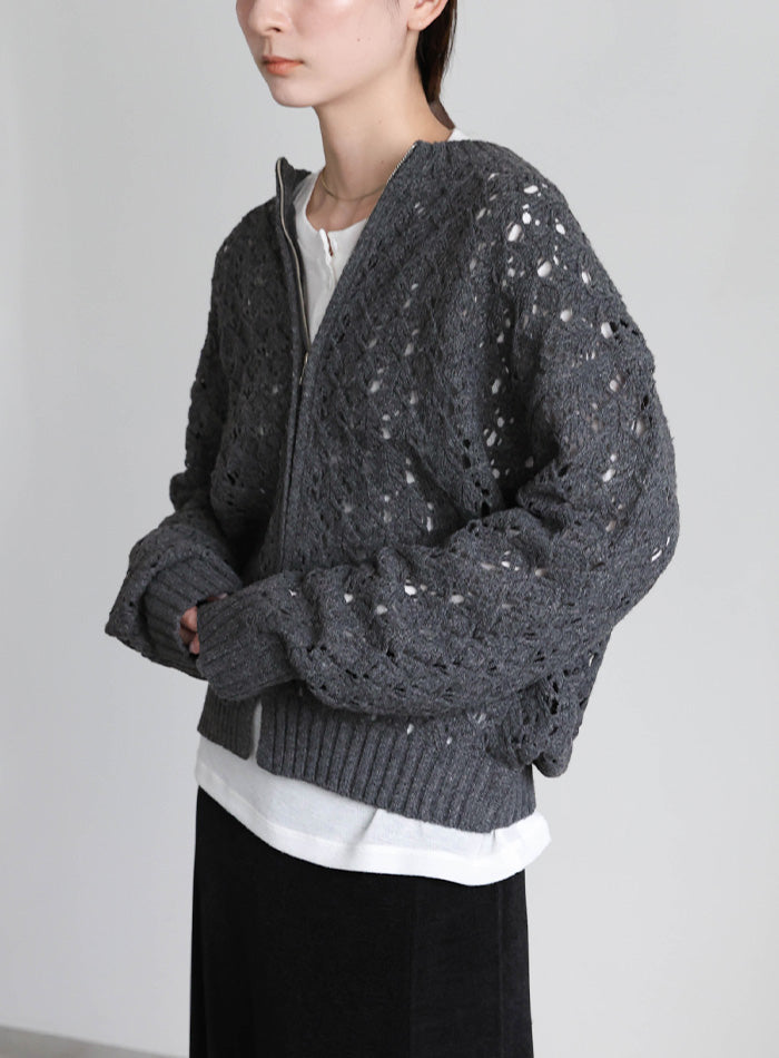 透かし編みジップカーディガン