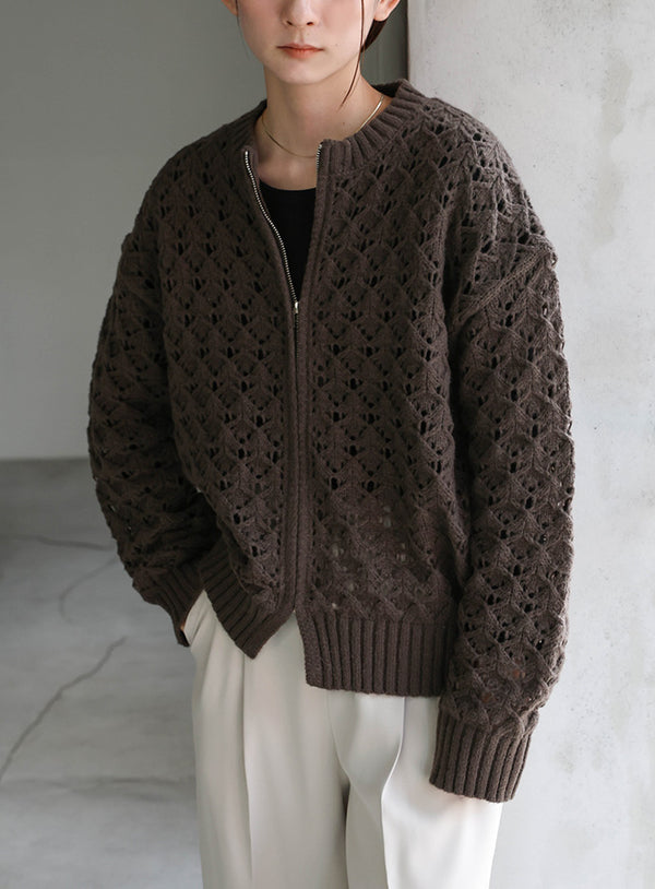 透かし編みジップカーディガン