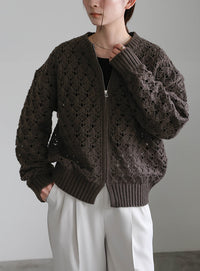 透かし編みジップカーディガン