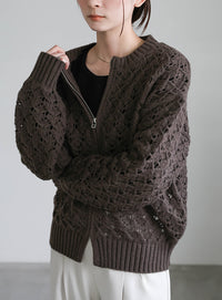 透かし編みジップカーディガン