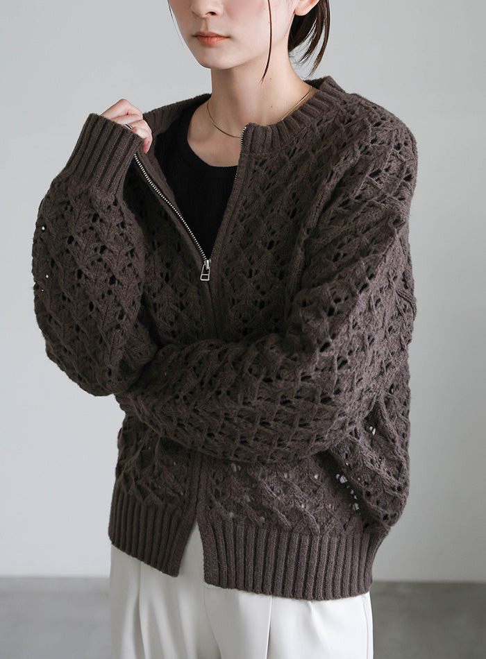 透かし編みジップカーディガン