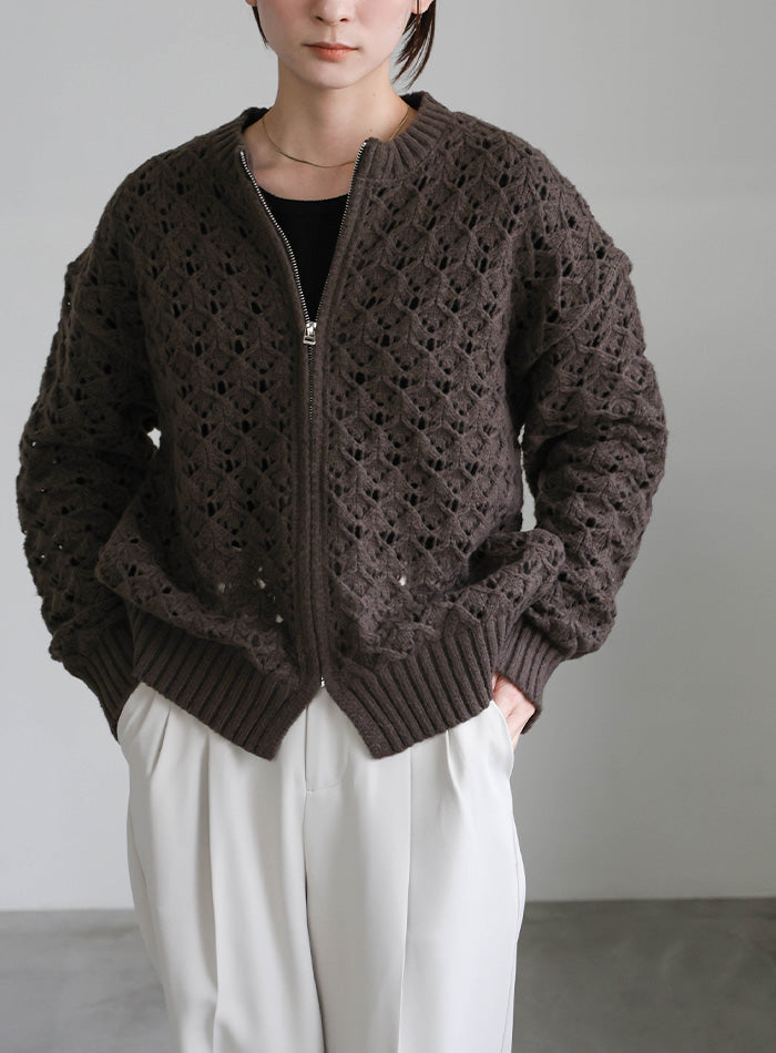 透かし編みジップカーディガン