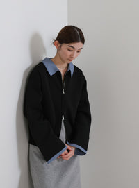 シャツカラードッキングダブルジップカーディガン