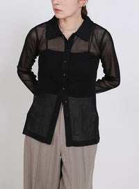 ボタンデザインポロメッシュカーディガン