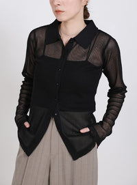 ボタンデザインポロメッシュカーディガン