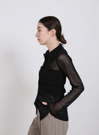 ボタンデザインポロメッシュカーディガン