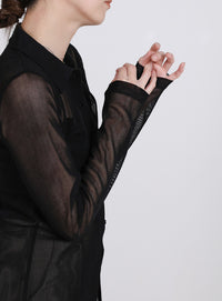 ボタンデザインポロメッシュカーディガン