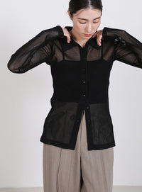 ボタンデザインポロメッシュカーディガン