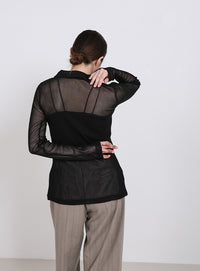 ボタンデザインポロメッシュカーディガン