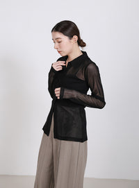 ボタンデザインポロメッシュカーディガン