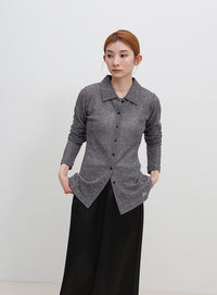 ボタンデザインポロメッシュカーディガン