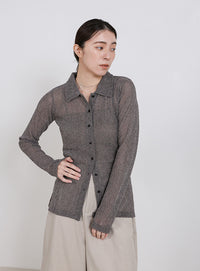 ボタンデザインポロメッシュカーディガン