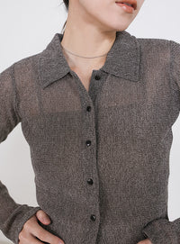 ボタンデザインポロメッシュカーディガン