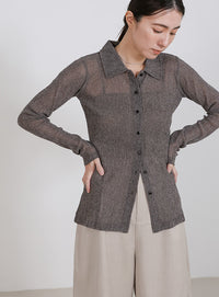 ボタンデザインポロメッシュカーディガン