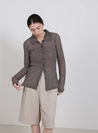 ボタンデザインポロメッシュカーディガン