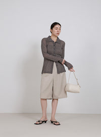 ボタンデザインポロメッシュカーディガン