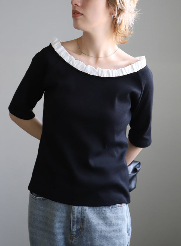 フリルネックリブトップス【SALE】