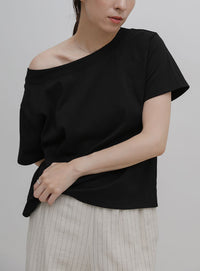 ワンショルダーシンプルコットンTシャツ