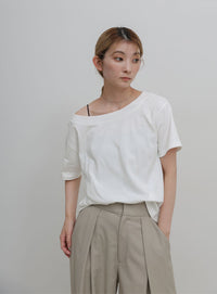 ワンショルダーシンプルコットンTシャツ