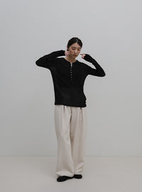 ボタンデザインシアーヘンリーネックロンT