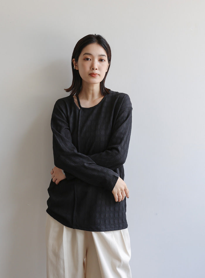 【Et】アシンメトリーネックシャーリングトップス