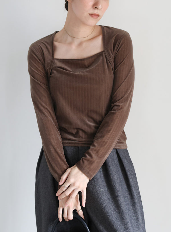 ストライプベロアスクエアネックトップス