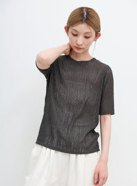 ストレッチ透かし編みデザインTシャツ