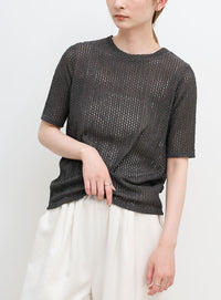 ストレッチ透かし編みデザインTシャツ