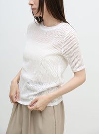 ストレッチ透かし編みデザインTシャツ
