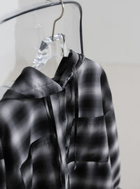 チェックシアーオーバーフーディーシャツ