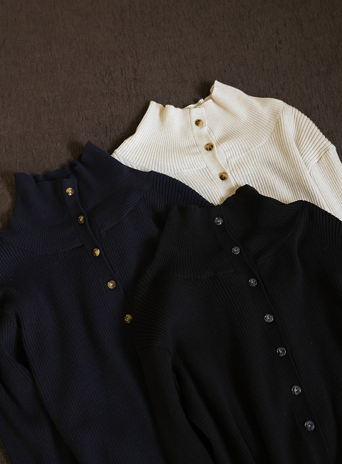 【Et】Button Design High-Neck Rib Knit Cardigan