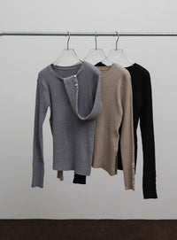 【Et】Crew Neck Button Sleeve Knit