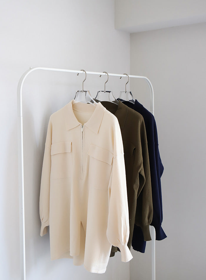 【Et】バックシャーリングハーフジップニット
