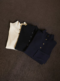 【Et】Button Design High-Neck Rib Knit Cardigan